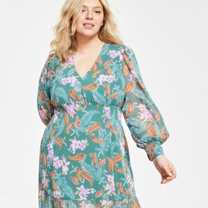Bar lll Plus Size 1 X Flowing Chiffon V-neck Green Paisley, Side Slit Maxi Dress